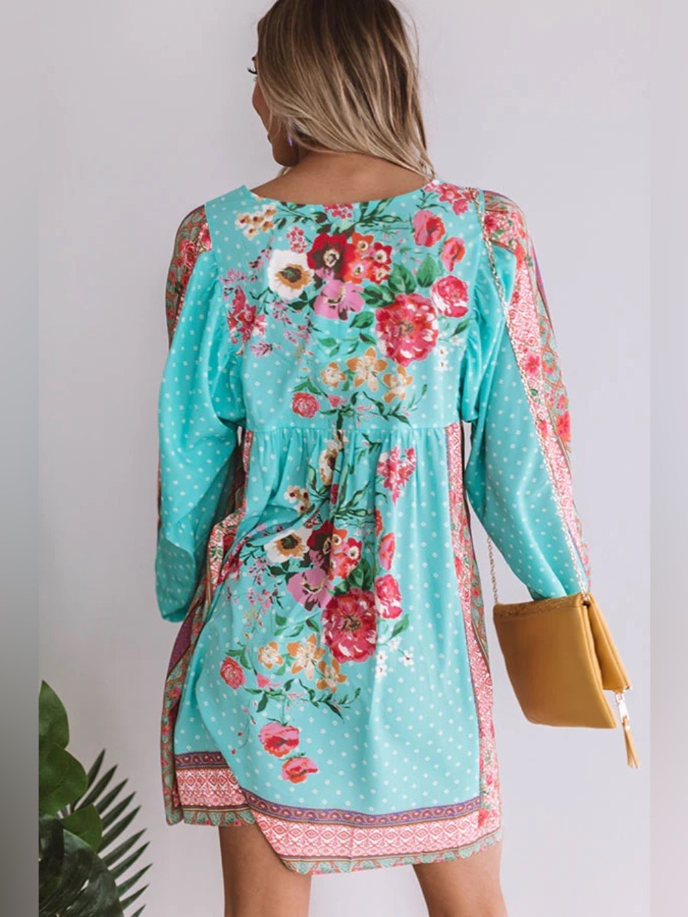 Umgee Boho Mixed Floral Print Babydoll Dress Teal Tassel Long Sleeve Ocean Large - Picture 3 of 16